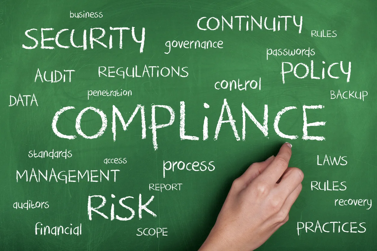Chalkboard with compliance written — regulatory framework concept